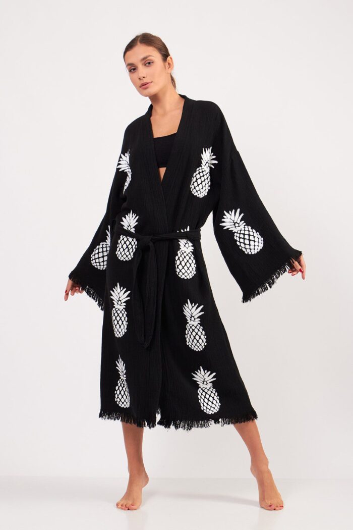 Kimono aus Baumwolle mit Ananas-Muster und Steindruck Schwarz
