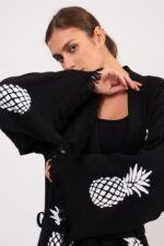 Ananas Desenli TaŠBaskılı Pamuklu Kimono Siyah - Image 5