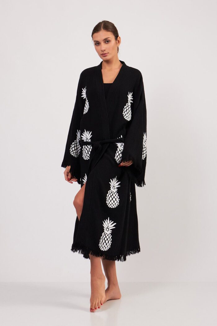 pineapple-patterned-tas-printed-cotton-kimono-black Ananas Desenli TaŠBaskılı Pamuklu Kimono Siyah - Image 11