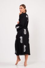 Ananas Desenli TaŠBaskılı Pamuklu Kimono Siyah - Image 3