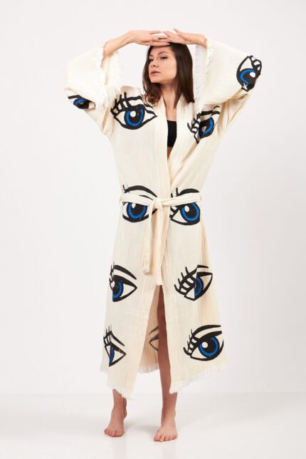 Eye Patterned Stone Printed Cotton Muslin Kimono