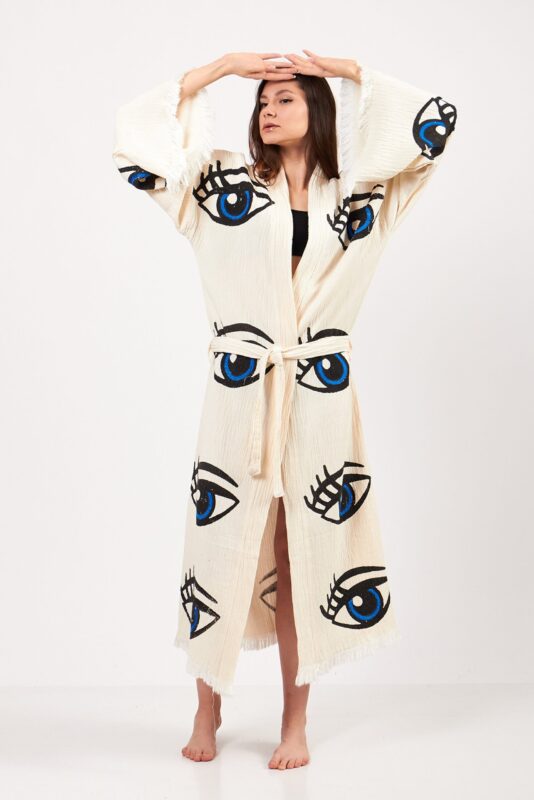 About us 7 Eye Patterned Stone Printed Cotton Muslin Kimono