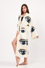 Göz Desenli Taş Baskılı Pamuklu Müslin Kimono