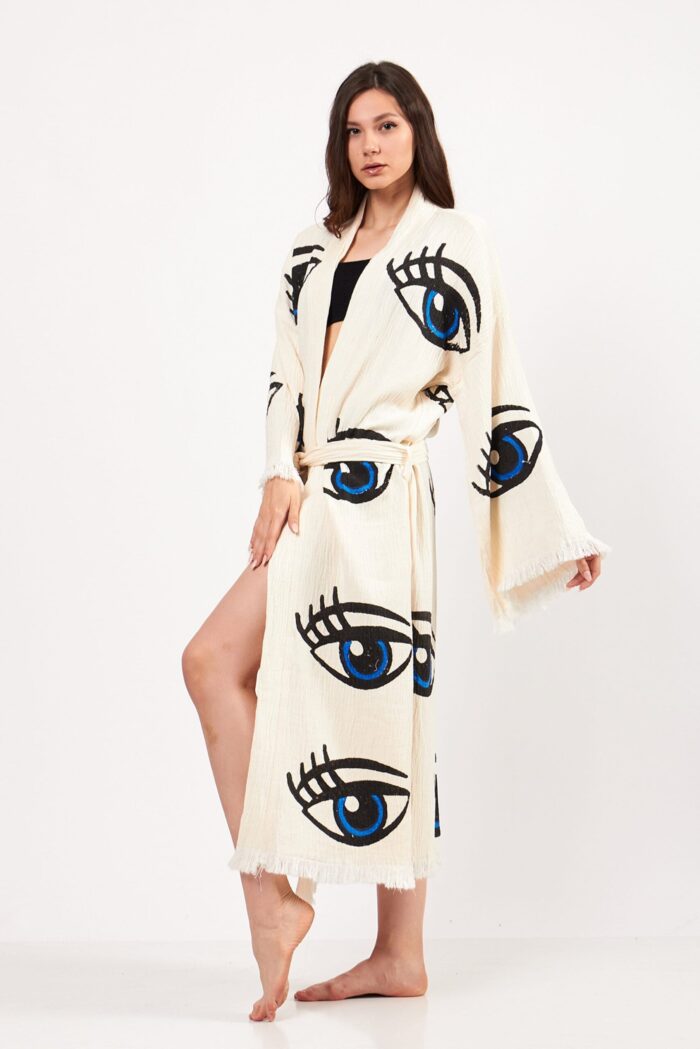 Göz Desenli Taş Baskılı Pamuklu Müslin Kimono Göz Desenli Taş Baskılı Pamuklu Müslin Kimono