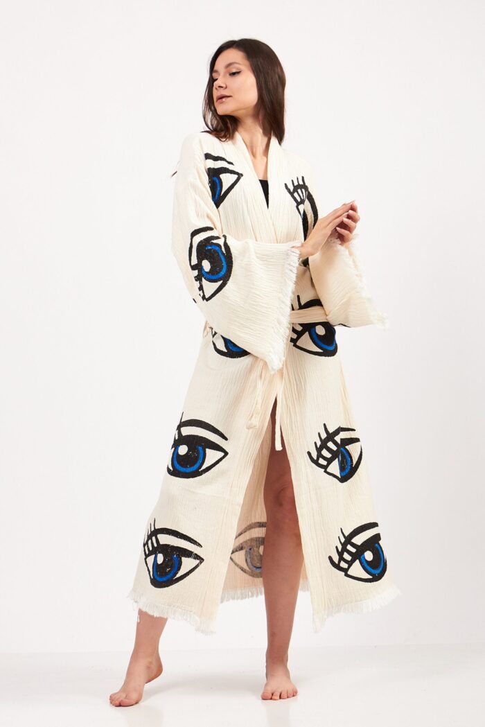 Göz Desenli Taş Baskılı Pamuklu Müslin Kimono Göz Desenli Taş Baskılı Pamuklu Müslin Kimono