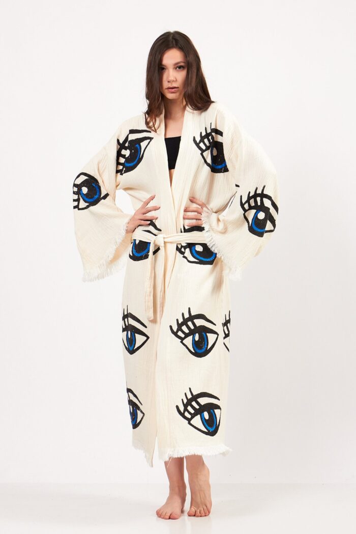 Göz Desenli Taş Baskılı Pamuklu Müslin Kimono Göz Desenli Taş Baskılı Pamuklu Müslin Kimono