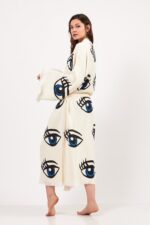 Göz Desenli Taş Baskılı Pamuklu Müslin Kimono