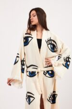 Göz Desenli Taş Baskılı Pamuklu Müslin Kimono
