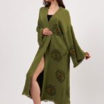 Grüner Kimono aus Baumwollmusselin mit Augenmuster und Steindruck