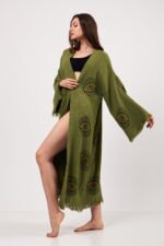 Göz Desenli Taş Baskılı Pamuklu Müslin Kimono Yeşil - Görsel 16