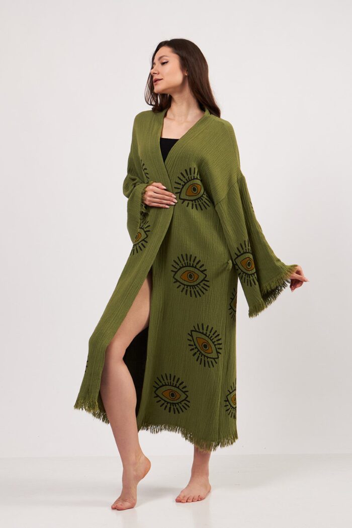 Göz Desenli Taş Baskılı Pamuklu Müslin Kimono Yeşil