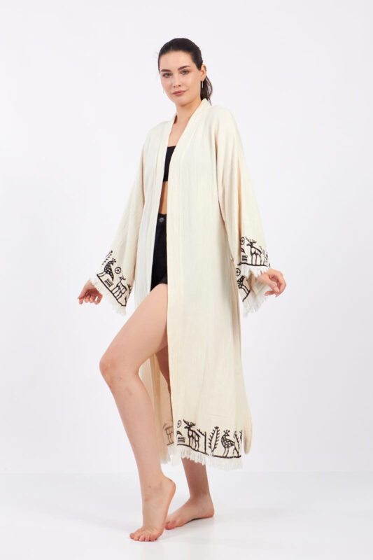 Hitit Desenli Taş Baskılı Pamuklu Müslin Kimono