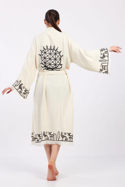 Hitit Desenli Taş Baskılı Pamuklu Müslin Kimono